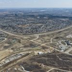 The SWCRR alignment down the west side of Woodbine, with the KGL site office and Tsuut'ina Nation Admin Building (looking southeast)