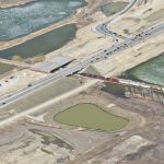 The new westbound Highway 22X bridge over the CP Railway line leaving the Macleod Trail interchange (looking northeast)