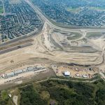 Bridge construction activities for the Anderson Road interchange, with the KGL site office in the foreground (looking east)