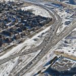 View of the traffic realignment at Highway 8, Sarcee Trail and Glenmore Trail, which freed up construction areas further to the south (looking southeast)
